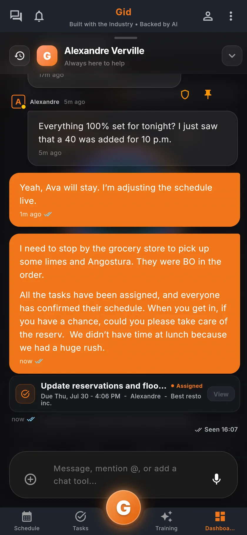 The Gid team chat on a phone, with a task shared straight into the conversation.